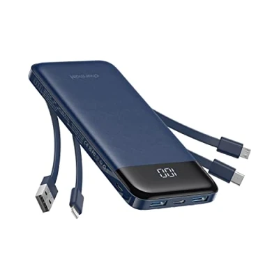 Abbildung von Charmast Externer Akku, 10.000 mAh, mit 4 integrierten Kabeln, tragbarer USB C, dünn, Power Bank 6 Ausgängen und 3 Eingängen, für iPhone 12, 13, 11, Samsung S21, S22, Blau
