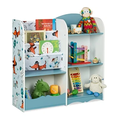 Abbildung von Relaxdays Kinderregal, 7 Fächer für Bücher &amp; Spielzeug, Hundemotiv, HxBxT: 84 x 86 26 cm, Kinderzimmerregal, bunt