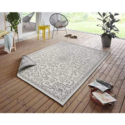 Abbildung von NORTHRUGS in und Outdoor Teppich Leyte 120x170cm Wendeteppich Wetterfest Orientalisches Vintage Design Läufer für Balkon Terrasse Garten Wintergarten Wohnzimmerteppich Wasserfest Grau Creme