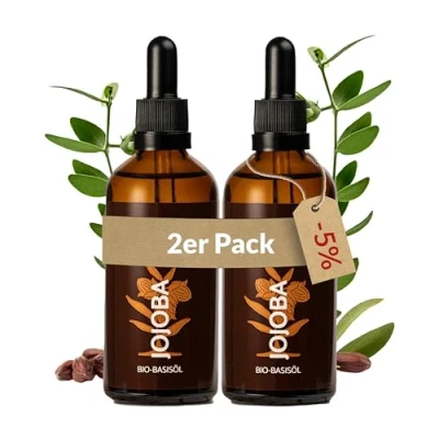 Abbildung von Heldengrün® BIO Jojobaöl [GOLD ESSENCE] Zertifizierte Naturkosmetik für Gesicht, Haare &amp; Nägel 100% reines Gesichtsöl Jojoba Oil 2 x 100 ml