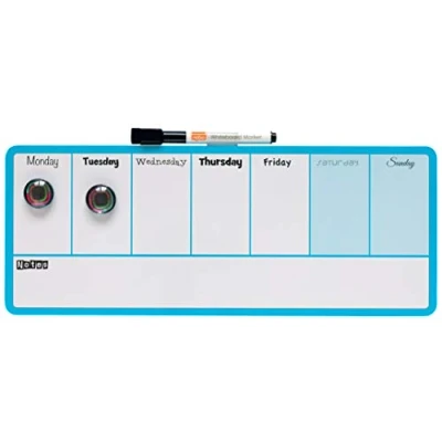 Abbildung von Nobo Magnetischer Mini Whiteboard Wochenplaner, Trocken Abwischbar, Wandmontage, Integrierte Stifthalterung, 2 Farbiges Design, Inkl. Stift &amp; Magneten, 360 x 140 mm, Blau, 1904047