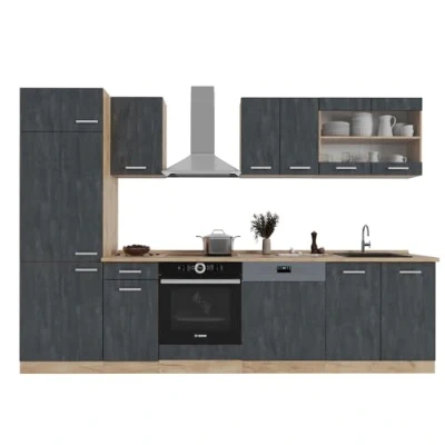 Abbildung von Vicco Küchenzeile R Line, Schwarz Beton/Goldkraft Eiche, 300 cm ohne Arbeitsplatte
