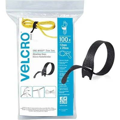 Abbildung von VELCRO Marke One Wrap wiederverwendbare dünne Kabelbinder Mehrzweck Perfektes Schreibtischzubehör für Kabelmanagement und Heimwerken Schwarz 12 mm x 20 cm Packung mit 100