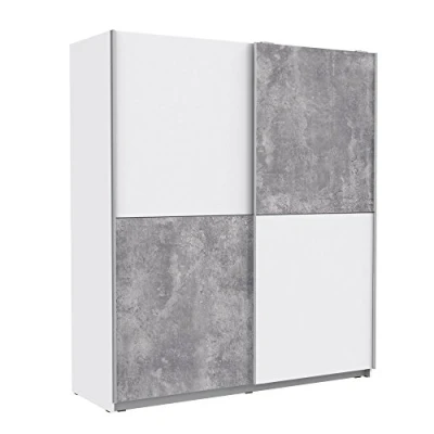 Abbildung von FORTE WINNER Schrank 170, Kleiderschrank, Schwebetürenschrank Industrial Schlafzimmer 2 türig mit Einlegeböden und Kleiderstange, Betonoptik LichtGrau / Weiß, 170 cm breit x 190.5 hoch 61 tief