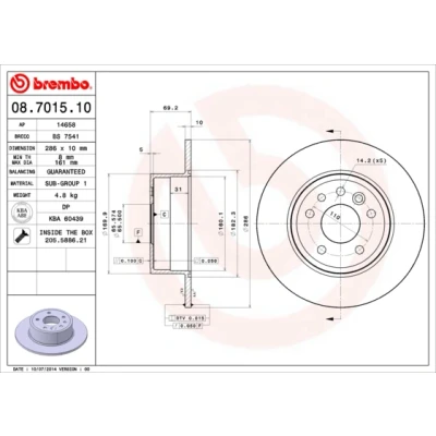 Abbildung von BREMBO 08.7015.10 Bremsscheibe 286 10 5 voll mit Schrauben OPEL: Vectra B Limousine, Caravan, CC