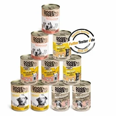 Abbildung von Dogs’n Tiger Adult Hundefutter, Nassfutter, ohne Zuckerzusatz, Weizen &amp; künstliche Konservierungsstoffe, optimale Verträglichkeit, Mixpaket Geflügel Liebe, Truthahn, Wild, Huhn Ente, 10x 400g