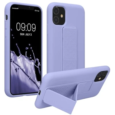 Abbildung von kwmobile Handyhülle kompatibel mit Apple iPhone 11 Hülle Fingerhalter und Standfunktion Silikon Case Handy Cover in Lavendel
