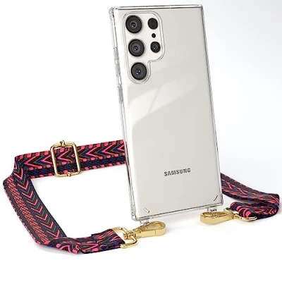 Abbildung von EAZY CASE Handykette Verstellbarer Trageriemen kompatibel mit Samsung Galaxy S23 Ultra, Schulterriemen, Handykordel Case, DIY Gürteltasche Hülle, Pink/Blau Metallstücke Gold