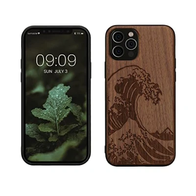 Abbildung von kwmobile Hülle kompatibel mit Apple iPhone 12 / Pro Holz Case Handy Cover TPU Handyhülle in Dunkelbraun Japanische Welle