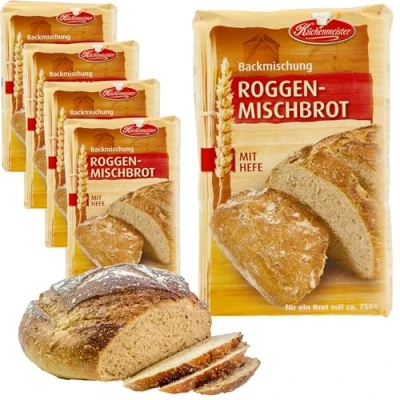Abbildung von Roggenmischbrot Brotbackmischung von Frießinger Mühle, 5x500g, für den Backofen, Holzofen oder Brotbackautomaten.