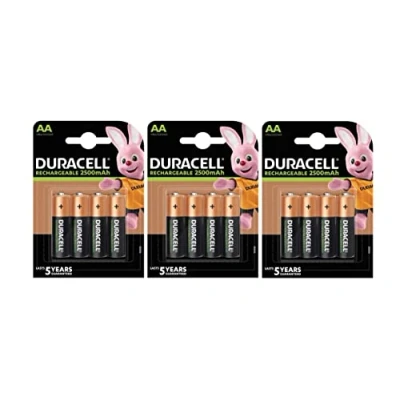 Abbildung von 12 x Duracell AA Batterien, wiederaufladbar, 2500 mAh (3 Blisterpackungen mit je 4 Batterien), wiederaufladbare Batterien