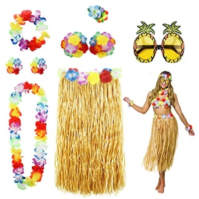 Abbildung von PHOGARY 8 Teilig Hawaii Mottoparty Kostüme Set, Hula Rock (Naturfarben), Blumenkette, Blume Armbänder, Blumen BH, Haarblume, Ananas Sonnenbrille für Tikiparty Beachparty Deko