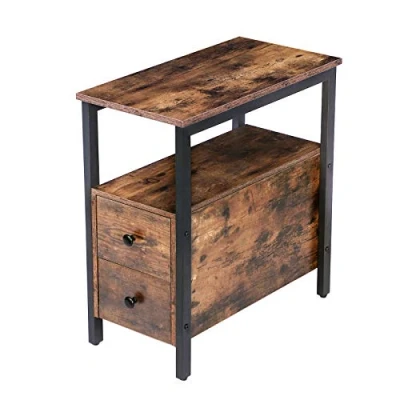 Abbildung von HOOBRO Beistelltisch, schmaler Nachttisch, Sofatisch Industrial, Nachtschrank mit 2 Schubladen, Nachtkommode Cochtisch für kleine Räume, Akzentmöbel in Holzoptik, Dunkelbraun EBF548BZ01G2