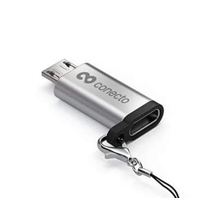 Abbildung von conecto, Micro USB auf C Adapter, OTG Unterstützung, kompatibel mit Apple Geräten, Perfekt für e Bikes, inkl. Schlaufe/Karabiner, Aluminium Gehäuse, Silber, 2er Set