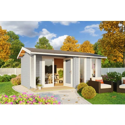 Abbildung von LASITA MAJA Gartenhaus &quot;Riverside&quot;, (Set), Blochbohlenhaus 28mm Terrasse, Fundamentmass 4800x3000, Lichtgrau