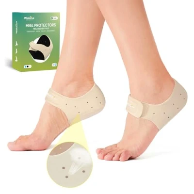 Abbildung von Welnove Fersenschutz für Plantarfasziitis, Gel Fersenschalen Damen Herren, Sporn, Schmerzlinderung, Ferseneinlagen, Achillessehnenentzündung, trockene (Beige, Size S)