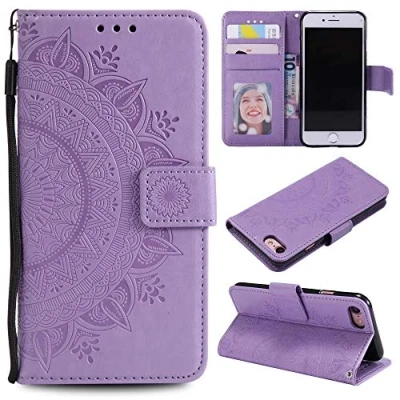 Abbildung von CoverKingz Handy Tasche kompatibel mit iPhone 7/8/SE [2020/2022] Handycase Kartenfach Handyschutzhülle Cover Smartphonehülle klappbar Motiv Mandala Lila