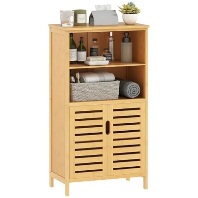 Abbildung von Kleankin Badkommode aus Bambus, mit Lamellentüren, 2 Regale, 1 Schrank, 50 cmx29 cmx92 cm (Set, St., Badezimmerschrank), Breite 50 cm
