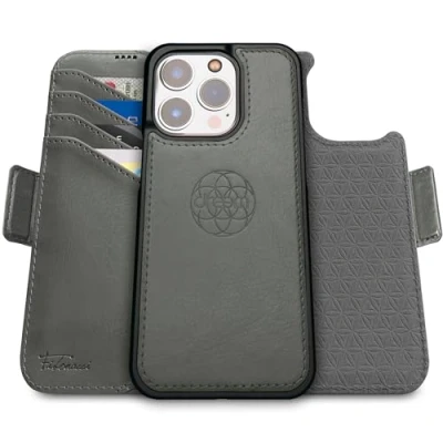 Abbildung von Dreem Fibonacci kompatibel mit iPhone 16 Pro Brieftaschen Etui / 2 in 1 stoßfestes und abnehmbares Folio aus veganem Leder, MagSafe, RFID Schutz [Grau]