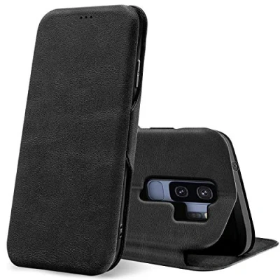Abbildung von Verco Handyhülle für Samsung S9 Plus, Bookstyle Premium Handy Flip Cover Galaxy S9+ Hülle [integr. Magnet] Book Case PU Leder Tasche, Schwarz