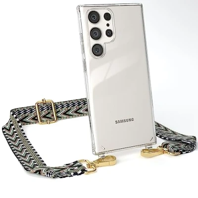 Abbildung von EAZY CASE Handykette Verstellbarer Handyriemen kompatibel mit Samsung Galaxy S23 Ultra, Kette für Phone, dünner Riemen, Taschengurt Hülle, DIY Handyband, Grün/Schwarz Karabiner Gold