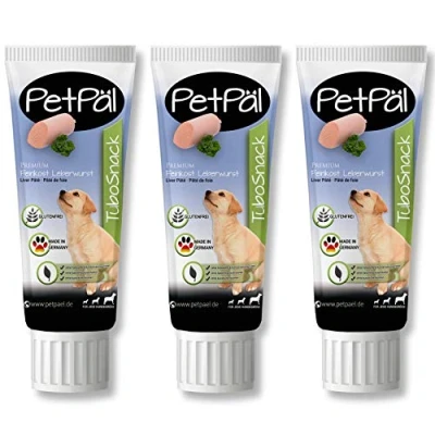 Abbildung von PetPäl Hunde Geflügel Leberwurst “TuboSnack“ Ohne Getreide, Salz, Zucker Premium Leckerli aus der Tube Fettreduziert lecker, gesund Ideal auch für Welpen 3X 75g Snack Made in Germany