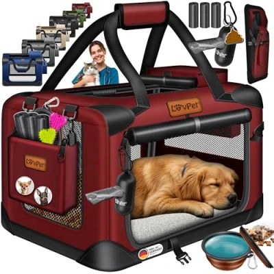 Abbildung von Lovpet® Transportbox Hund Katze Transporttasche XXXL 102x69x69cm Hunde Tragetasche Faltbare Katzentasche Haustier inkl. Hundenapf &amp; Schultergurt für Katzen Bordeaux/Rot