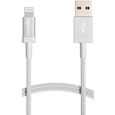 Abbildung von Amazon Basics Verbindungskabel Lightning auf USB A, Nylon umflochten, MFi zertifiziertes Ladekabel für iPhone, Silber, 0.9 m