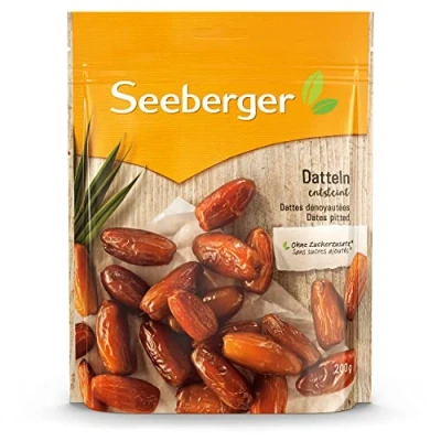 Abbildung von Seeberger Datteln: Honigsüße Datteln mit cremigem Fruchtfleisch zum natürlichen Süßen von Speisen entsteint, getrocknet &amp; ungeschwefelt ohne Zuckerzusatz, vegan (1 x 200 g)