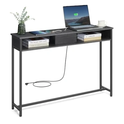 Abbildung von VASAGLE Konsolentisch mit Steckdosen, Beistelltisch 2 Fächern, schmal, 25 x 120 81 cm, platzsparend, für Eingangsbereich, Wohnzimmer, anthrazitgrau tintenschwarz LNT111B01