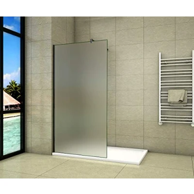 Abbildung von Aica Sanitär Duschwand Walk In Dusche 120cm Duschabtrennung 10mm NANO Milchglas Glas Duschtrennwand 200cm Höhe Splitterschutzfolie mit Schwarzen Anbauteilen
