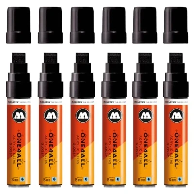 Abbildung von Molotow One4All 627HS Acryl Marker glossy (15,0 mm Strichstärke, hochglanz, hochdeckend und permanent, schnell trocknend, nachfüllbar, für fast alle Untergründe) 6 Stück Farbe 252 black