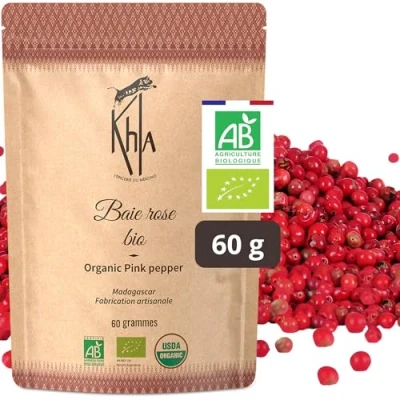 Abbildung von Khla Rosa Pfeffer 60 g Bio zertifiziert Pfefferkörner Ganz aus Madagaskar Beeren Premium Qualität Bourbon Süßer &amp; Fruchtiger Geschmack Direkt vom Erzeuger
