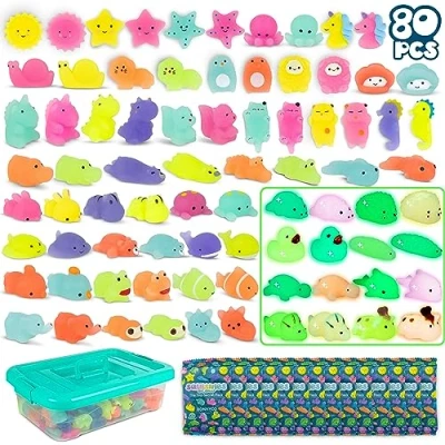 Abbildung von Mochi Squishy Set Mitgebsel Kindergeburtstag Gastgeschenke 80 Stück BONNYCO Kleine Geschenke für Kinder sie leuchten im Dunkeln, Mitbringsel Kindergeburtstag, Gastgeschenk
