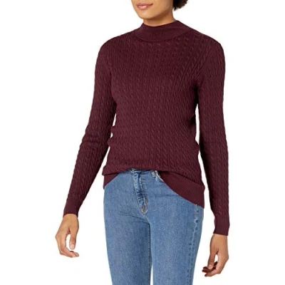 Abbildung von Amazon Essentials Damen Leichter Langarm Pullover mit Stehkragen und Zopfmuster in klassischer Passform, Burgunderrot, XXL