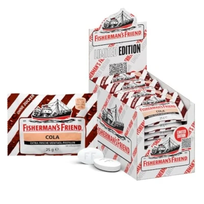 Abbildung von Fisherman&#039;s Friend Cola, 24er Vorratsbox, Exklusive Sorte mit Cola und Menthol Geschmack, zuckerfrei vegan, Bonbons für frischen Atem, 24 x 25g