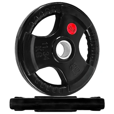 Abbildung von Signature Fitness Olympic Hantelscheibe aus Gusseisen, 5,1 cm, für Krafttraining und Gewichtheben, gummierter Stil, 11,3 kg, Paar