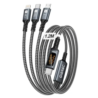 Abbildung von 100W USB C auf Multi Ladekabel [1.2M] 3 in 1 Schnellladekabel mit E Mark Chip Type C[100W]+Lightning[27W]+Micro[5W] LED Display für Galaxy S24/S23,iPhone 16/15/14