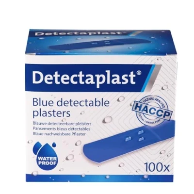 Abbildung von Detectaplast Pflaster wasserfest Universal, blaue Wundpflaster für den Umgang mit Lebensmitteln, detektierbare Erste Hilfe Sets in der Gastronomie, 25 x 72 mm, 100 Stück