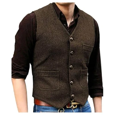 Abbildung von Solovedress Mens Vintage Classic Wolle Anzugweste Formale Regular Fit Weste Anzug für Hochzeit Groomsmen(Coffee,XL)