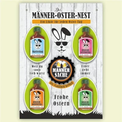 Abbildung von Osterkalender für Erwachsene Männer Osternest mit Kräuterlikör Schnaps Likör und Flaschenöffner Männersache zu Ostern lustiges Ostergeschenk Kalender Frohe