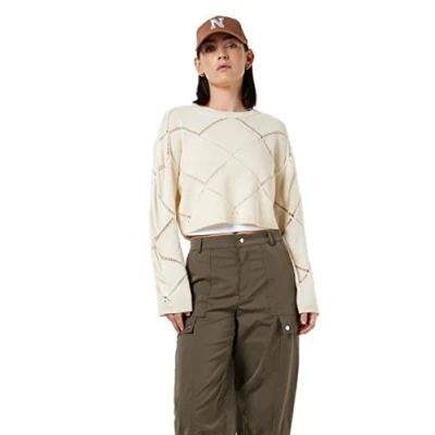 Abbildung von Noisy may Cropped Rundhals Strickpullover mit Lochstrick Details Langarm Shirt Rippbündchen NMJUNE, Farben:Beige,Größe Damen:XL