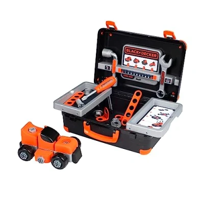 Abbildung von Smoby Black+Decker Werkzeugkoffer für Kinder ab 3 Jahre ausklappbarer Spielzeug Koffer (35,5x28,6x28,5 cm) mit Werkzeug und Auto Bausatz