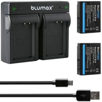 Abbildung von Blumax 2X Akku + Mini Doppelladegerät LC E10e Netzteil Ladegerät für Canon LP E10 1020mAh kompatibel mit EOS 1100D 1200D 1300D Rebel T3 T5 T6