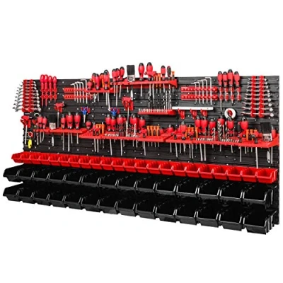 Abbildung von PAFEN Werkstattregal Wandregal 1728 x 780 mm Lagersystem mit Werkzeughalterungen und Stapelboxen Wandplatten Extra Starke Schüttenregal (Rot/Schwarz)