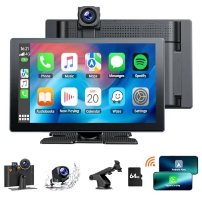 Abbildung von Volam 9 Zoll Wireless A pple Carplay Display Android Auto, Tragbares Autoradio Bildschirm mit 4K Dashcam Auto Vorne Hinten,1080P Rückfahrkamera, Mirror Link, GPS, G oogle,Siri, 64G SD Karte