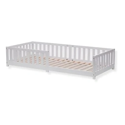 Abbildung von ecoMI Kindebett inkl. Rausfallschutz und Lattenrost 80x160 cm Weiß Bodenbett Montessori Bett aus Kiefer Massivholz Gitterbett Einzelbett (Weiß, cm)