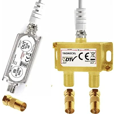 Abbildung von TronicXL Premium 2 Fach Antennenverteiler Splitter mit Sat Verstärker digital HD I für Satellit TV DVBT DVBS Unicable 3D 4K HDTV Verteiler Weiche Inline Fernseher F Stecker + Koax Adapter