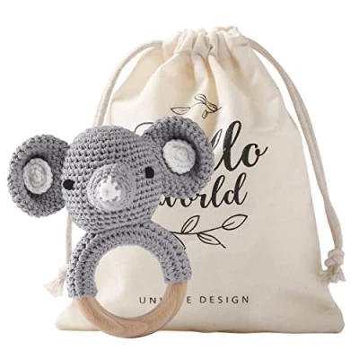 Abbildung von Youuys Babyrassel Gehäkelte Holz Häkeln Tiere Greifling Baby Rassel mit Sound Handmade für Neugeborenes Geschenk Junge und Mädchen zur Geburt (Elefant)