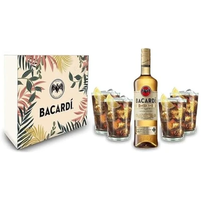 Abbildung von Bacardi Geschenkset Carta Oro Gold Rum 0,7l (40% Vol) + 4er Set Gläser Longdrink Glas [Enthält Sulfite]
